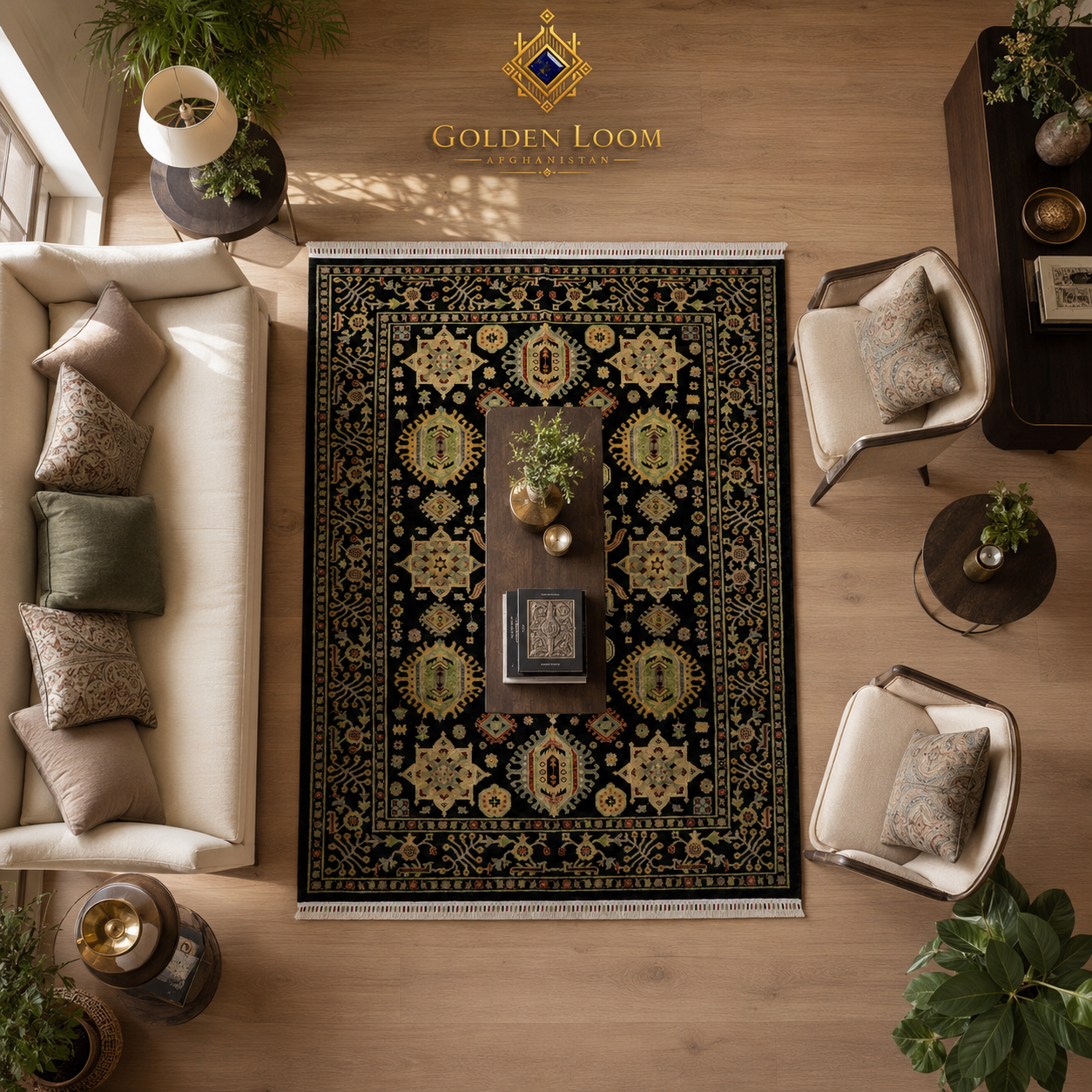 Overhead view of a hand-knotted Afghan rug with black ground and gold geometric medallions styled in a living room