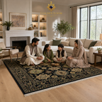 Afghan family sitting on a hand-knotted black and gold Afghan rug in a bright modern living room