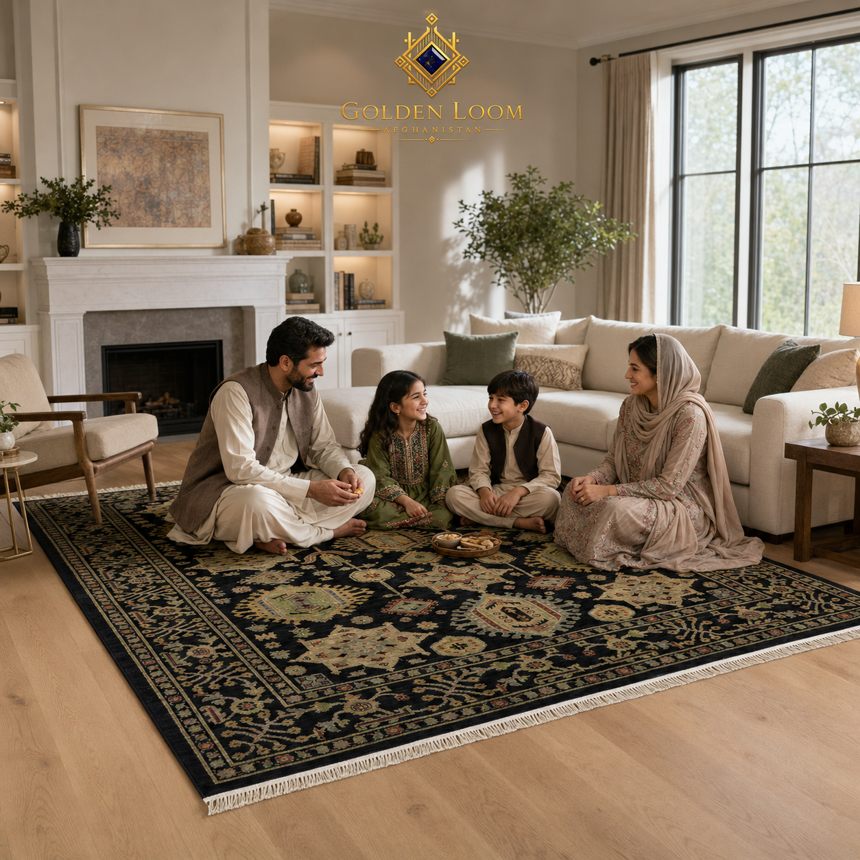 Afghan family sitting on a hand-knotted black and gold Afghan rug in a bright modern living room
