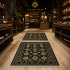 Two handmade Afghan runner rugs with black ground and gold Chobi medallion pattern styled in a luxury interior