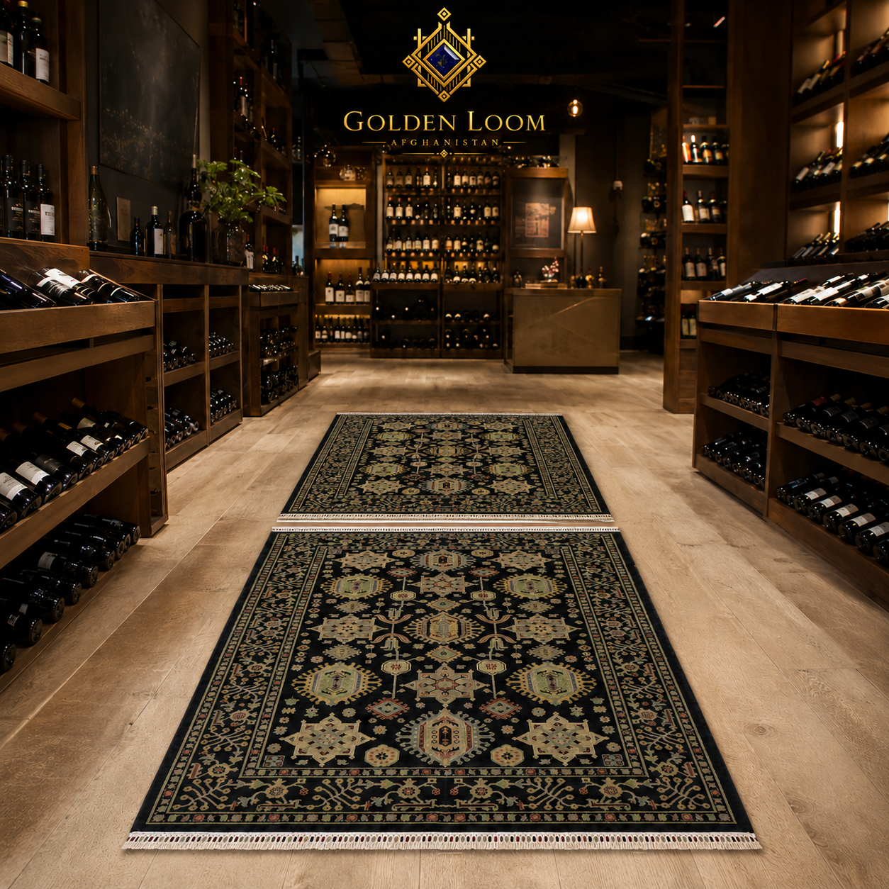 Two handmade Afghan runner rugs with black ground and gold Chobi medallion pattern styled in a luxury interior