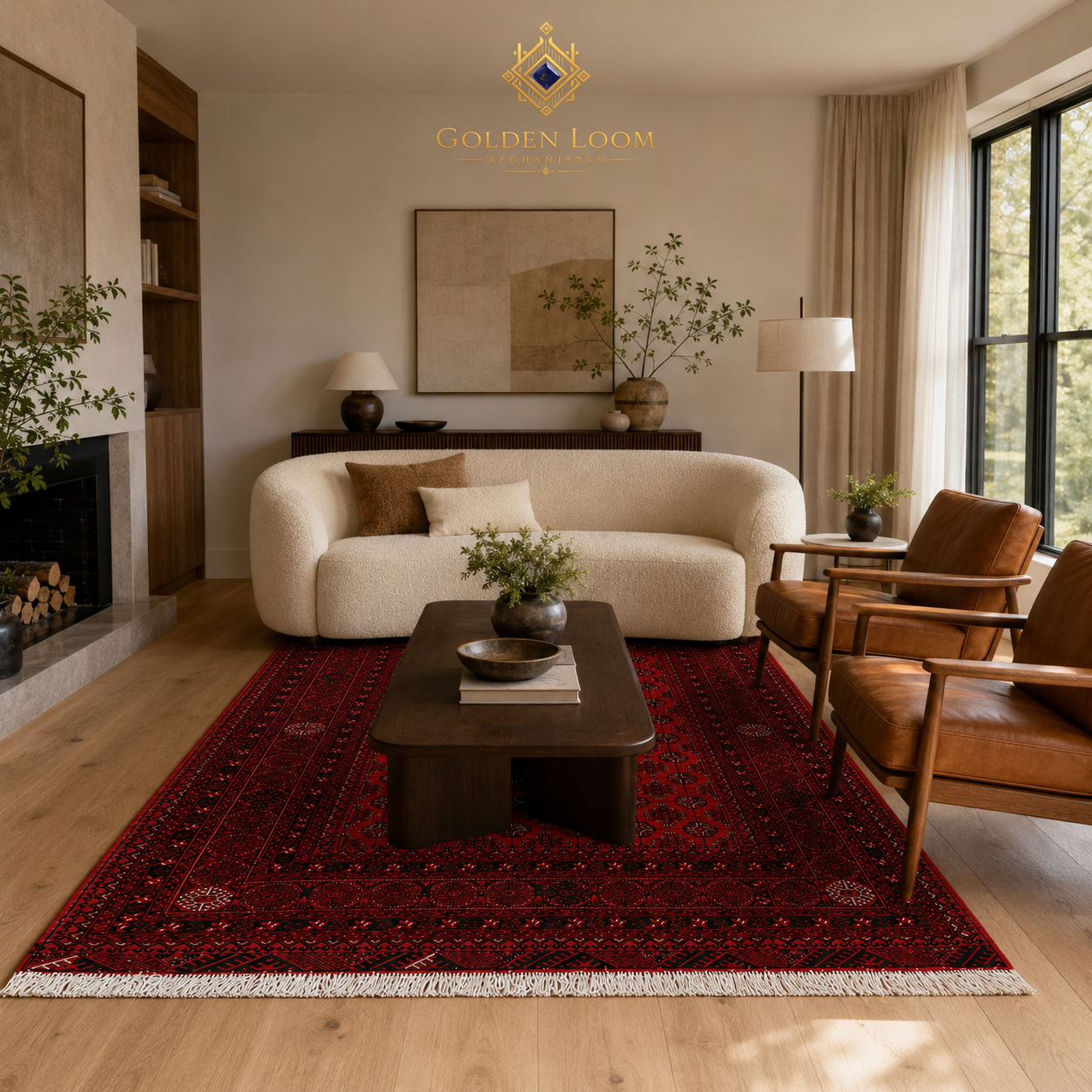 Authentic handwoven Afghan red carpet with geometric pattern styled under a coffee table in a warm Scandinavian-modern living room, Golden Loom Afghanistan