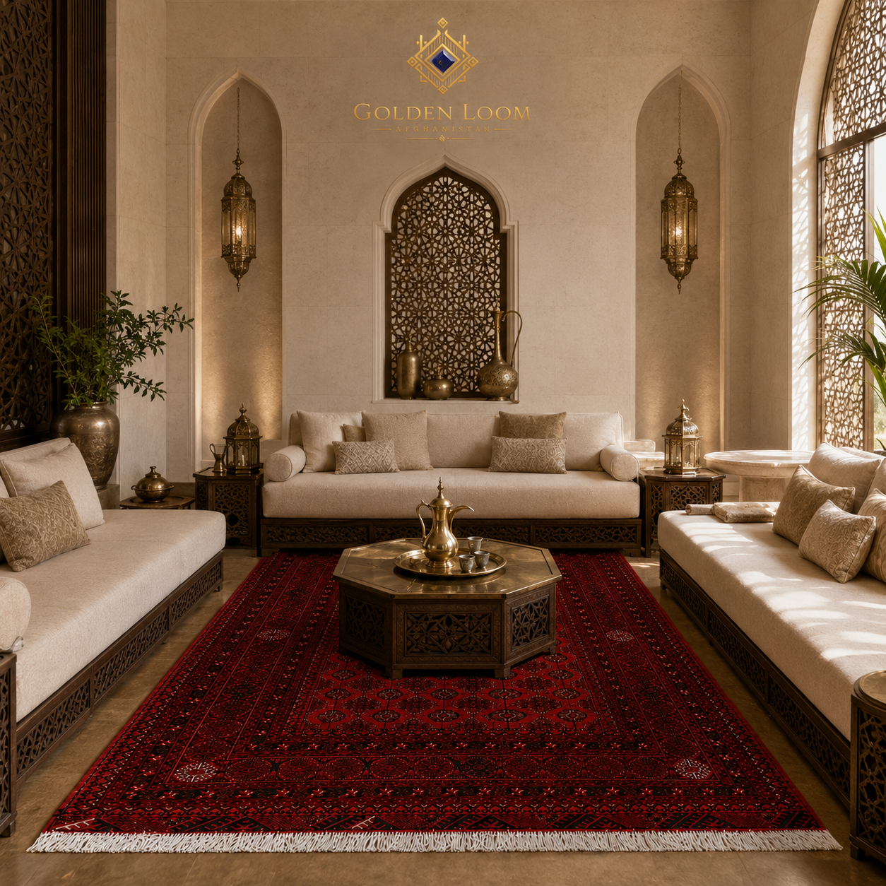 Deep red Afghan tribal rug with intricate Bokhara design in a luxury Arabian majlis setting with ornate brass lanterns and carved arches, Golden Loom Afghanistan