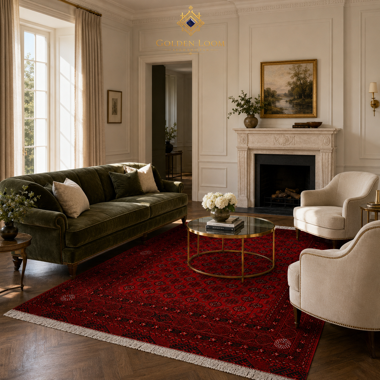Hand-knotted Afghan red rug with traditional geometric motifs in a classic English-style living room with velvet sofa and marble fireplace, Golden Loom Afghanistan