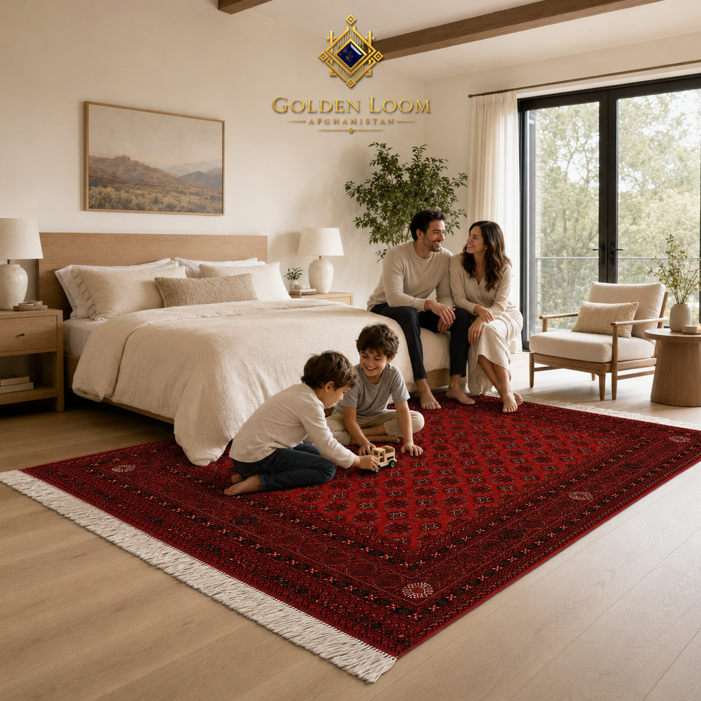 Children playing on a traditional Afghan red Khal Mohammadi rug with Bokhara pattern in a bright Scandinavian-style bedroom with natural wood furniture, Golden Loom Afghanistan