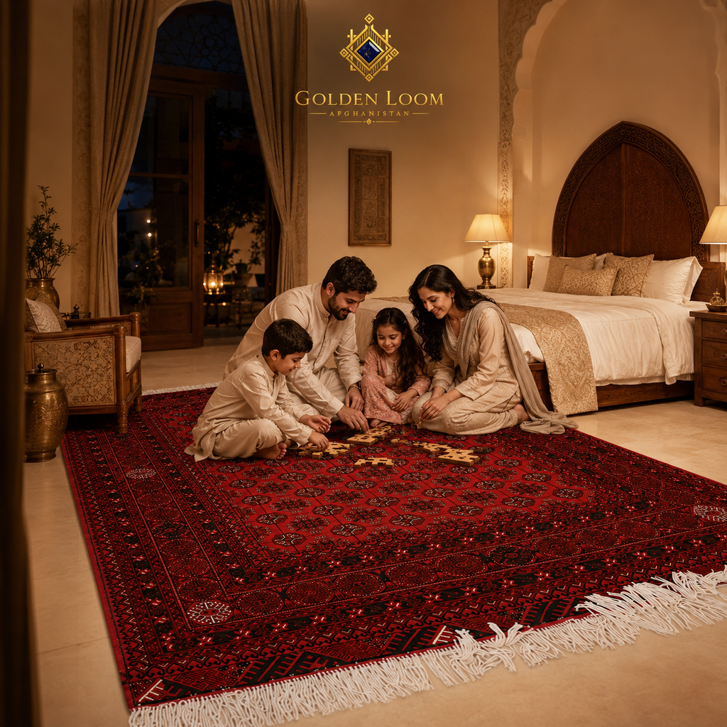 Family playing on a hand-knotted Afghan crimson Bokhara rug in a warm Arabian-style luxury bedroom with ornate carved headboard and brass lamps, Golden Loom Afghanistan