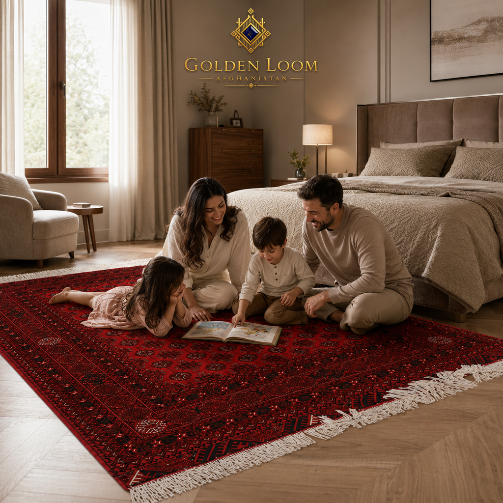 Family sitting together on a handmade Afghan red Bokhara rug in a bright contemporary bedroom, showcasing the rug's durability and heirloom quality, Golden Loom Afghanistan