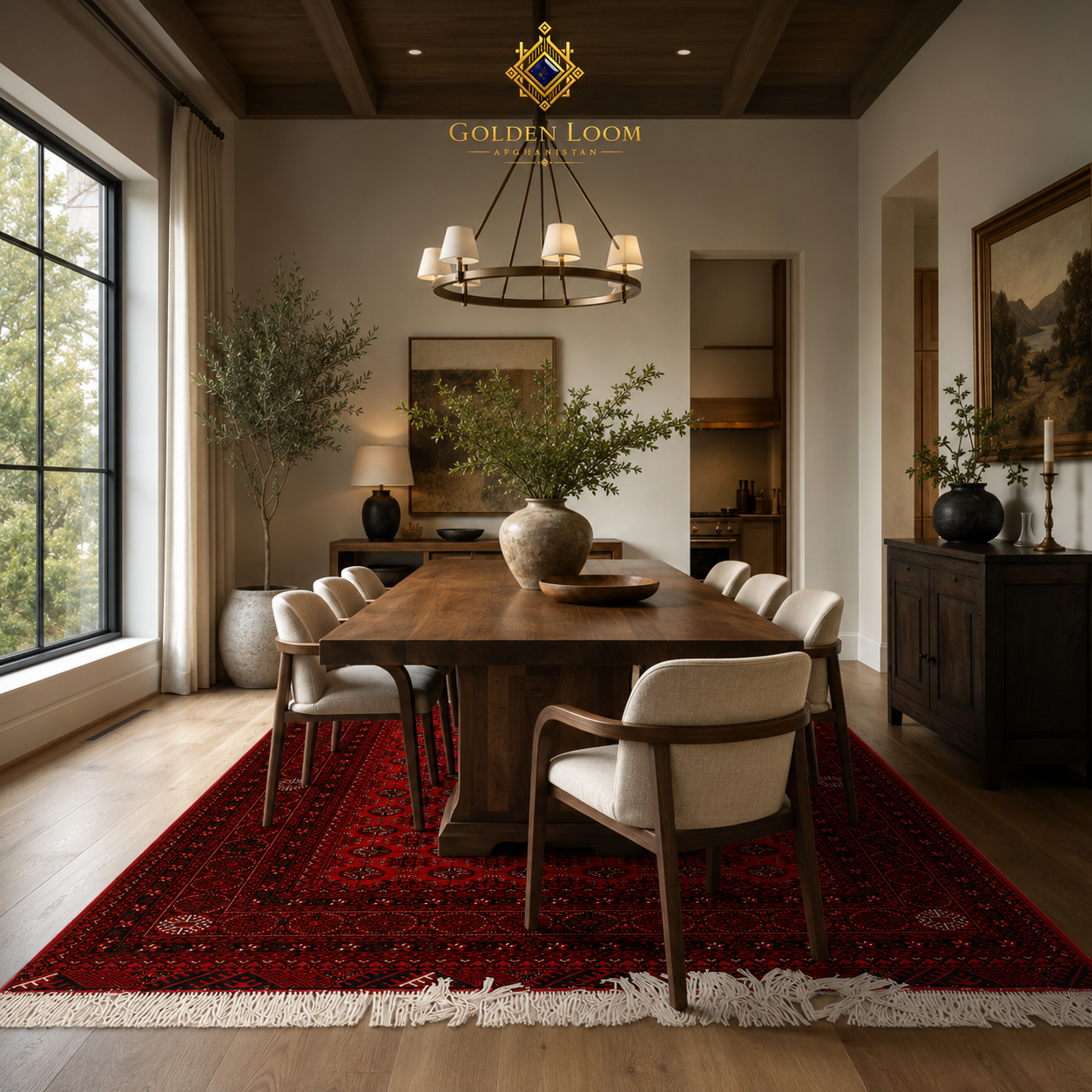 Hand-knotted Afghan Khal Mohammadi rug in deep crimson red with traditional Bokhara geometric pattern and white fringe, isolated on white background, Golden Loom Afghanistan