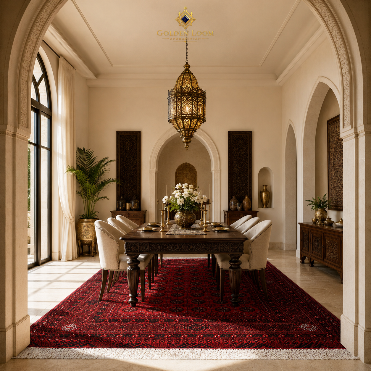 Handmade Afghan Khal Mohammadi red rug with Bokhara pattern styled under a carved dark wood dining table in a luxury Moroccan-inspired dining room with brass lantern, Golden Loom Afghanistan