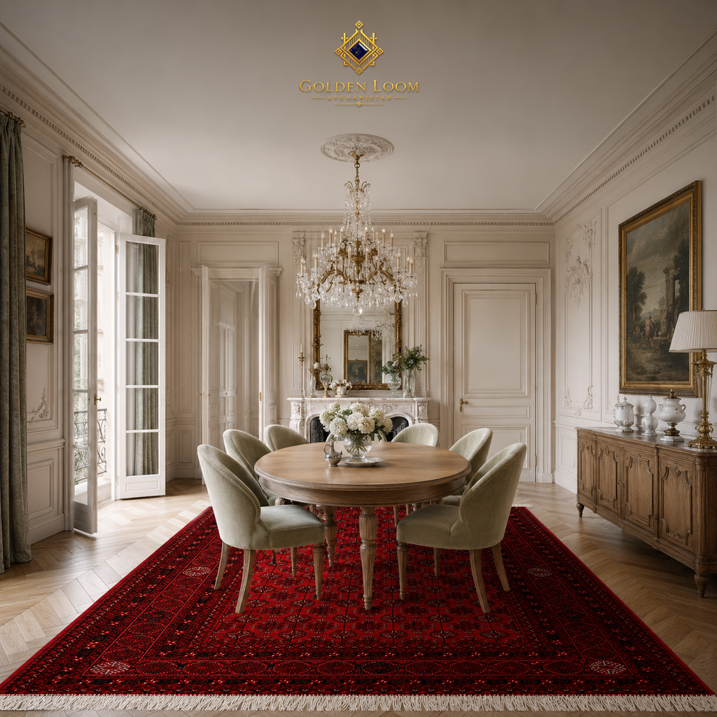 Authentic Afghan red Bokhara rug with ivory fringe under a rustic wood dining table in a modern farmhouse dining room with iron chandelier and olive tree, Golden Loom Afghanistan