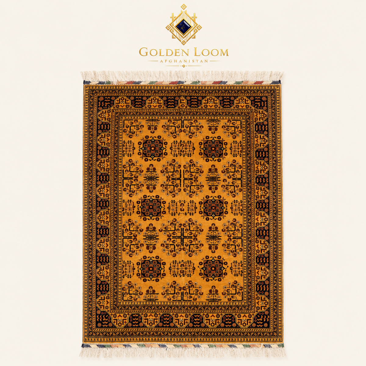 Top view Bokhara carpet on the top and bottom edges. The rug is displayed against a clean off-white background with a 'Golden Loom Afghanistan