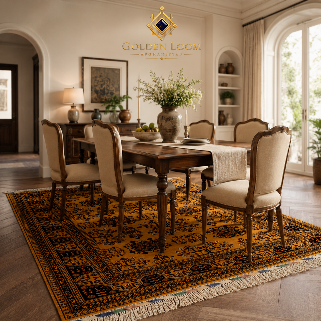 Authentic Afghan Bokhara rug in gold and navy, styled under a marble-top dining table in a modern dark-luxury interior with gold chandelier