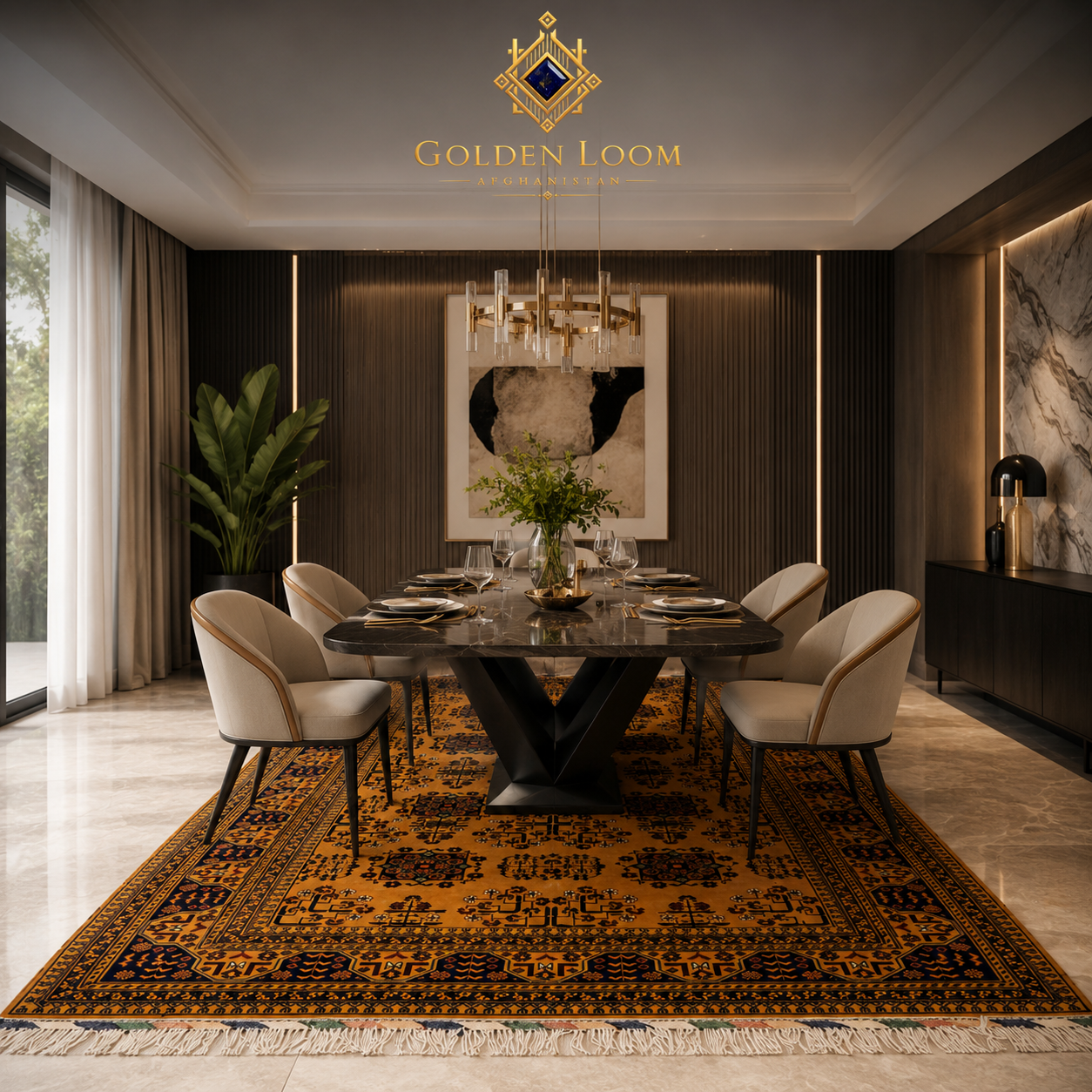 Golden Loom Afghanistan handmade Bokhara carpet in amber gold and black, displayed under a classic wooden dining table in an elegant cream interior