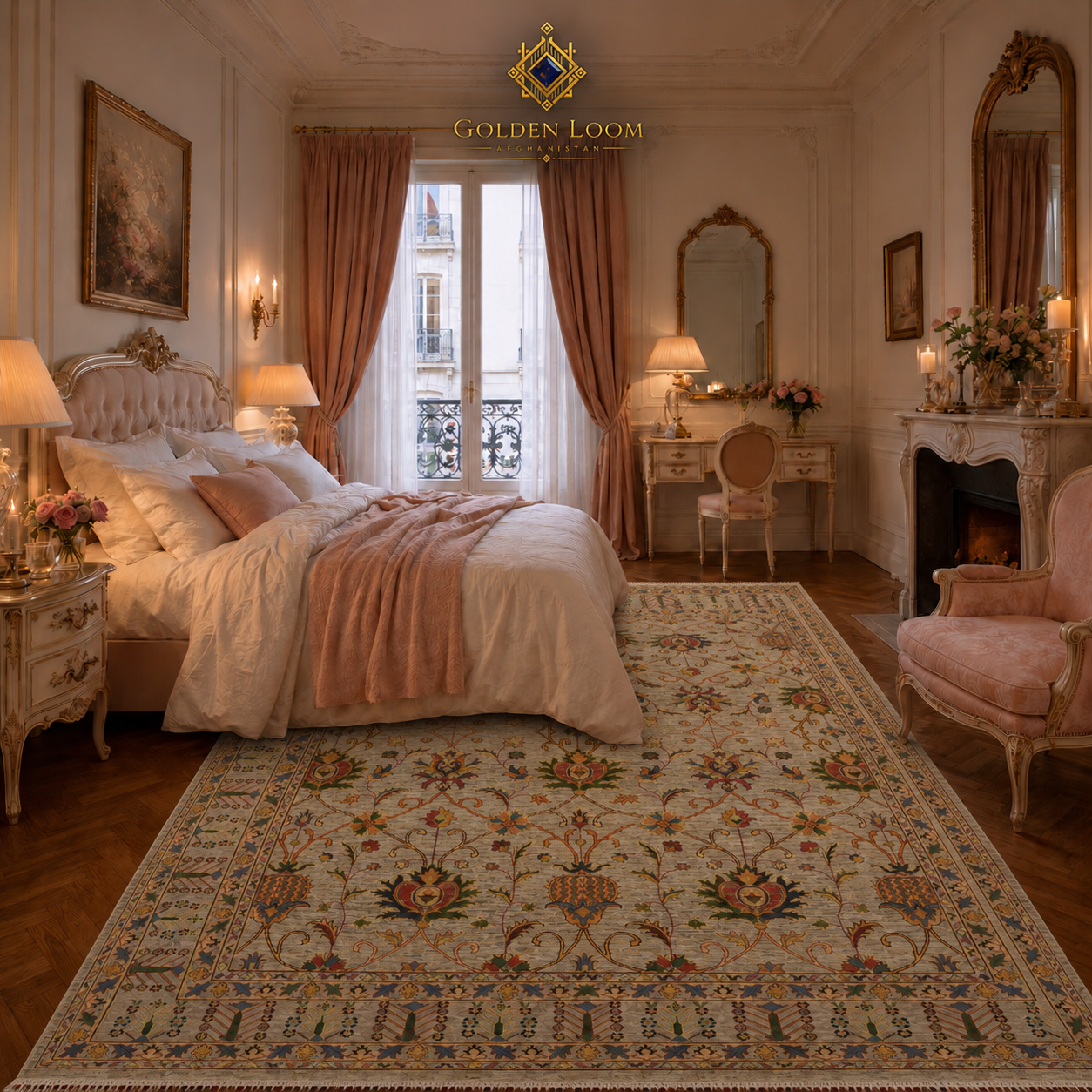 Handmade Afghan Ziegler rug styled in a French Rococo bedroom with rose-pink drapes, tufted headboard, and candlelight — Golden Loom Afghanistan