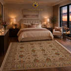 Traditional Afghan floral carpet in a contemporary luxury bedroom with warm candlelight and city skyline at sunset — Golden Loom Afghanistan