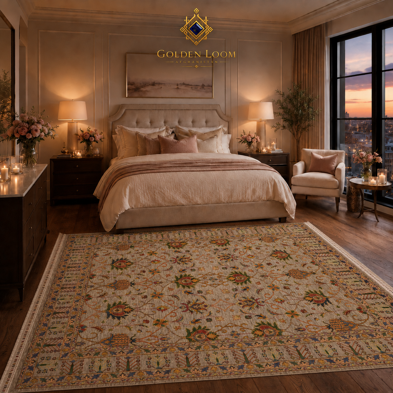 Traditional Afghan floral carpet in a contemporary luxury bedroom with warm candlelight and city skyline at sunset — Golden Loom Afghanistan