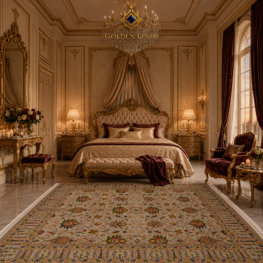 Handwoven Afghan carpet in an opulent Baroque palace bedroom with gilded furniture, crystal chandelier, and burgundy velvet accents — Golden Loom Afghanistan