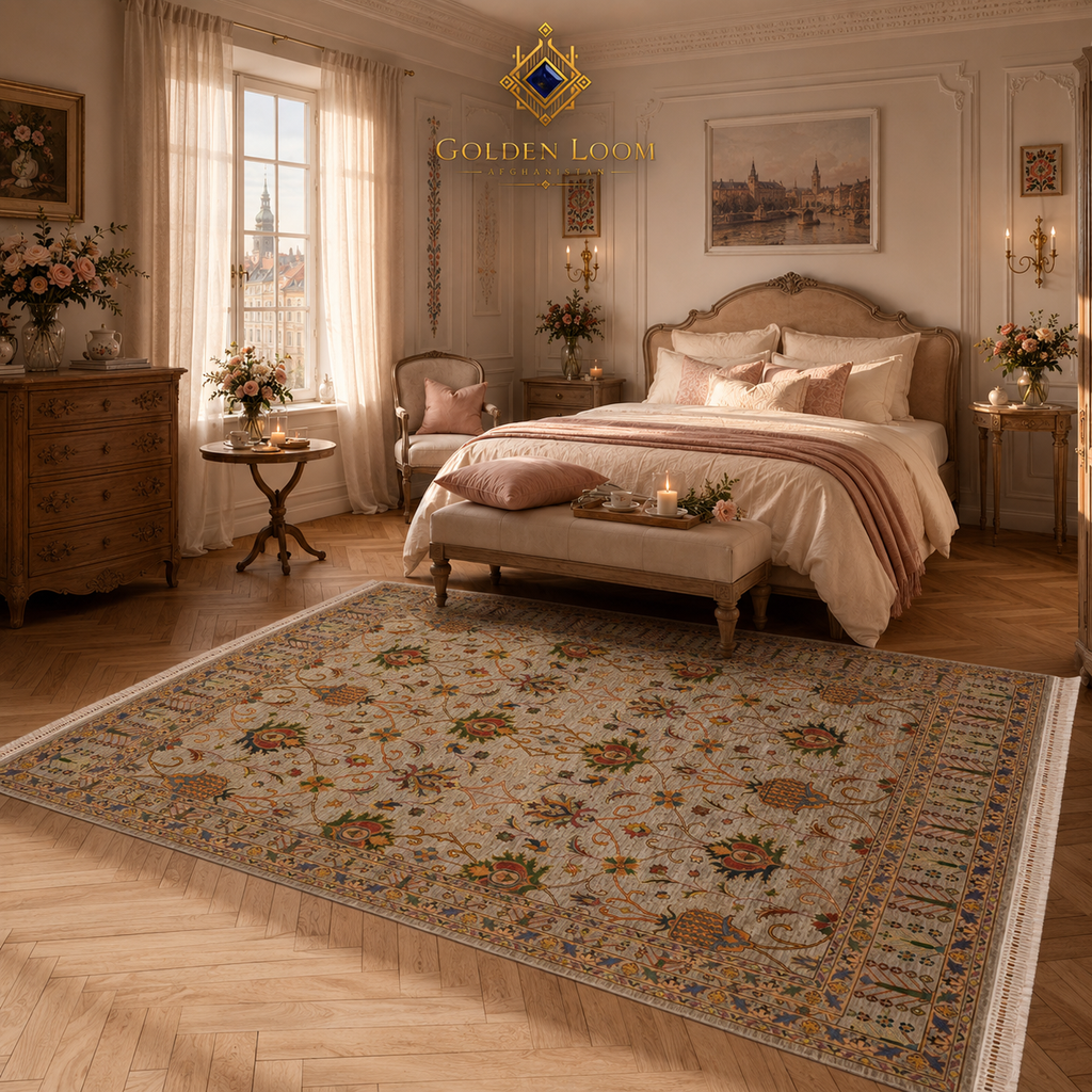Afghan Ziegler area rug in a European classical bedroom with herringbone parquet flooring, ornate wooden furniture, and soft natural light — Golden Loom Afghanistan