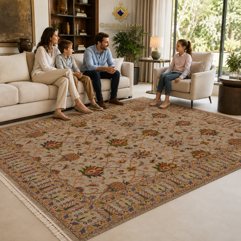 Large handmade Afghan Ziegler rug in a bright modern living room with a family seated on a white sofa — Golden Loom Afghanistan