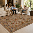 Large handmade Afghan Ziegler rug in a bright modern living room with a family seated on a white sofa — Golden Loom Afghanistan