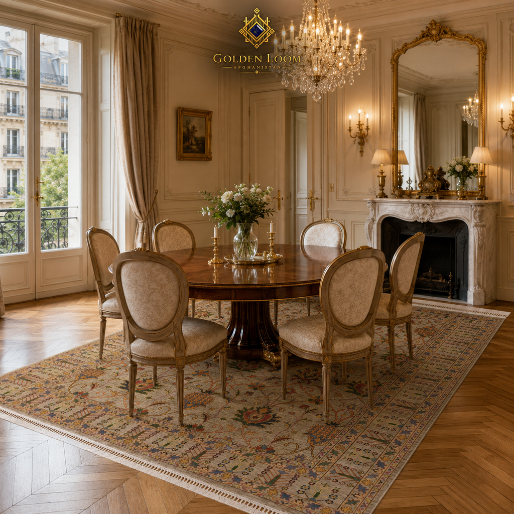 Handmade Afghan Ziegler rug in ivory with multicolor floral motifs styled in a Parisian dining room with gilded mirror, crystal chandelier, and Louis XVI chairs — Golden Loom Afghanistan