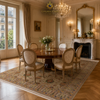 Handmade Afghan Ziegler rug in ivory with multicolor floral motifs styled in a Parisian dining room with gilded mirror, crystal chandelier, and Louis XVI chairs — Golden Loom Afghanistan