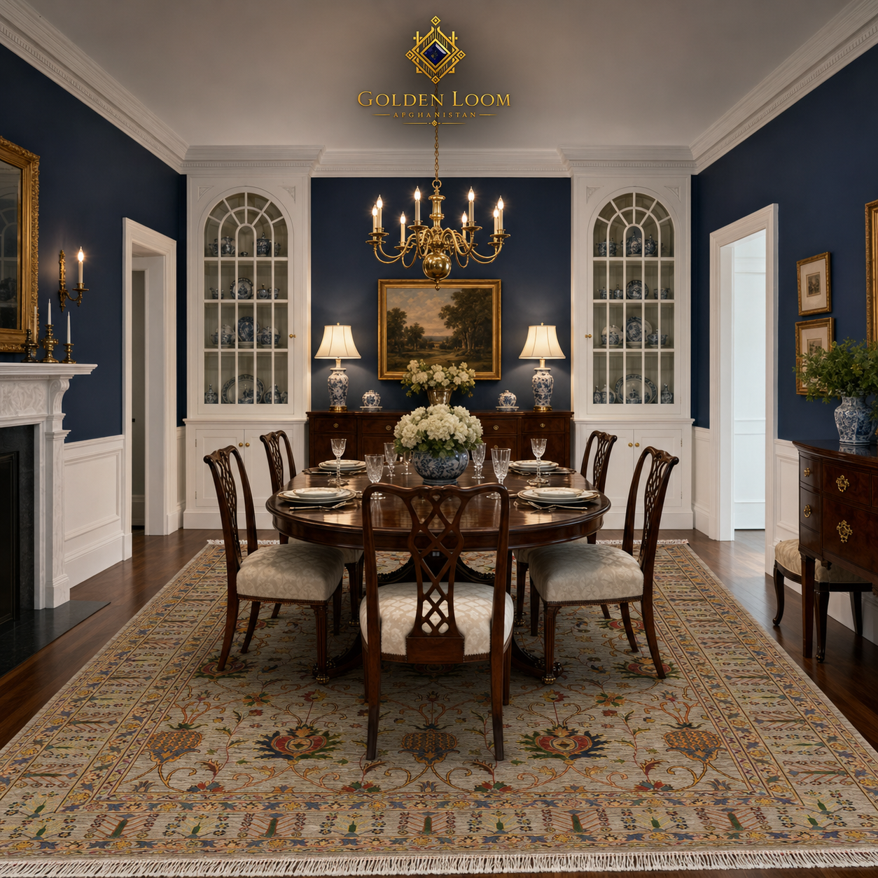 Traditional Afghan floral carpet in ivory and gold under a mahogany dining table in a Colonial American dining room with navy walls and brass chandelier — Golden Loom Afghanistan