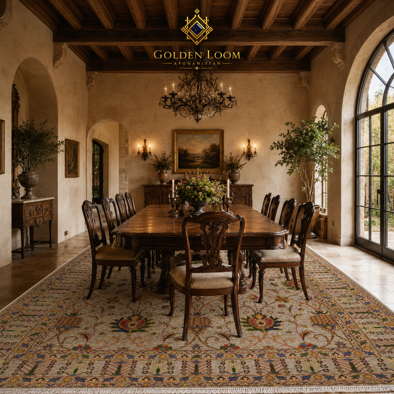 Large handwoven Afghan Ziegler area rug in a Tuscan-style dining room with exposed wood beam ceiling, stone arches, and wrought iron chandelier — Golden Loom Afghanistan