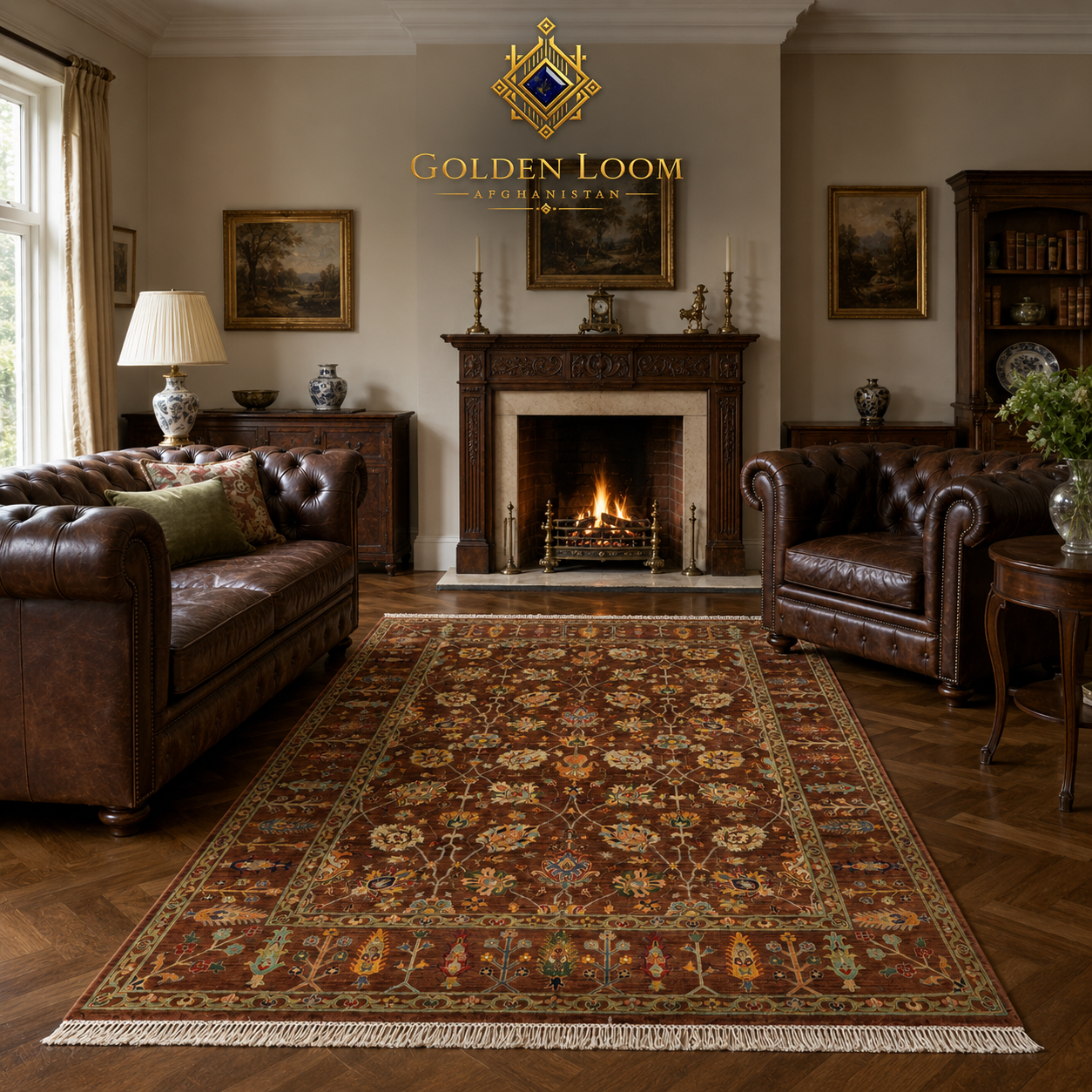 Traditional Afghan hand-knotted wool rug with allover floral design in a classic British study with leather Chesterfield sofas and fireplace