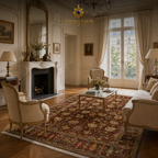 Luxury Afghan Ziegler carpet in deep brown with cream border, styled in an elegant French salon with gilded mirrors and Louis XVI chairs