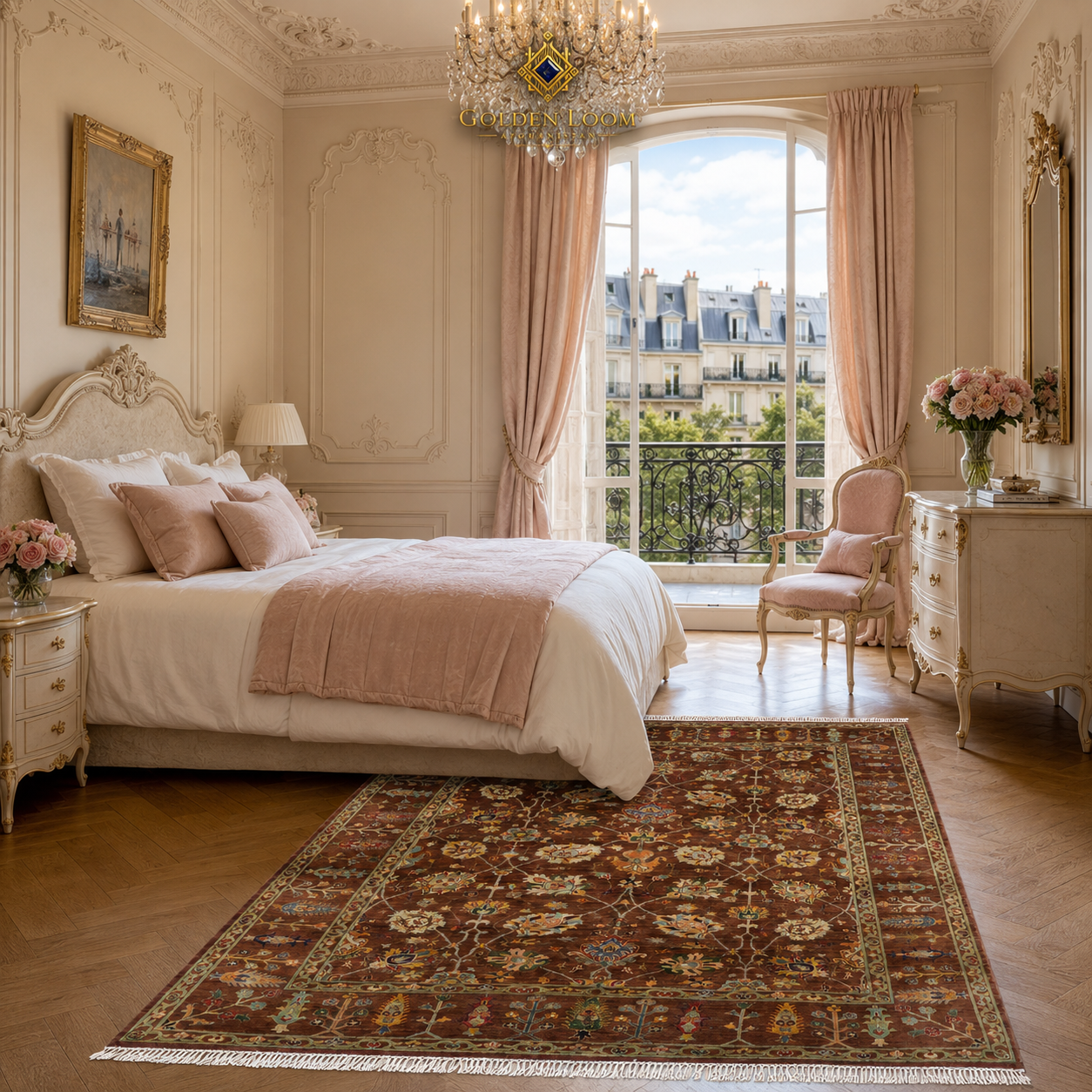 Brown floral Afghan handmade rug styled in a Parisian bedroom with blush décor, crystal chandelier, and herringbone parquet floor