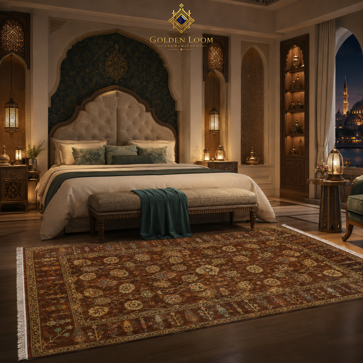 Traditional Afghan hand-knotted wool rug with brown field and gold floral motifs in an opulent Arabian-style bedroom with arched headboard and lanterns