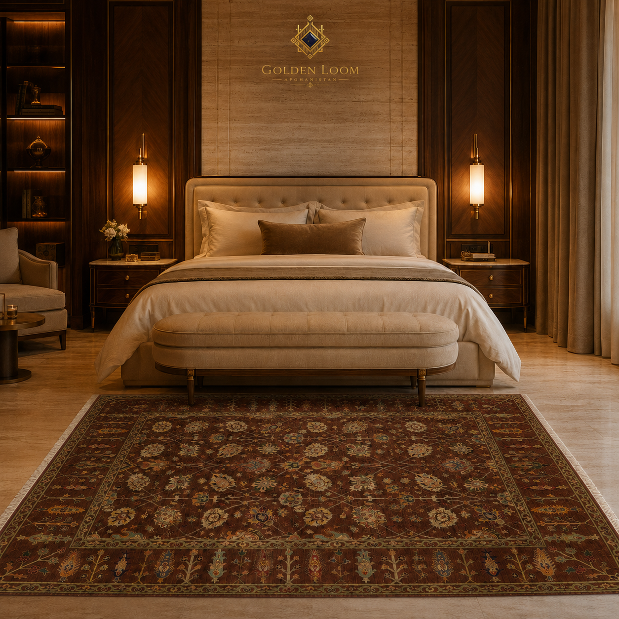Handmade Afghan floral rug in deep brown and gold styled in a modern luxury bedroom with warm lighting and neutral linen bedding