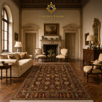 Handmade Afghan Ziegler area rug in brown and ivory displayed in a grand European living room with fireplace and classical furnishings