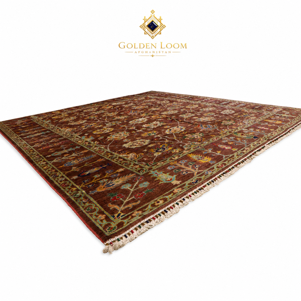 Afghan hand-knotted area rug in brown and gold with floral pattern, shown at angle to display pile depth, texture, and ivory fringe
