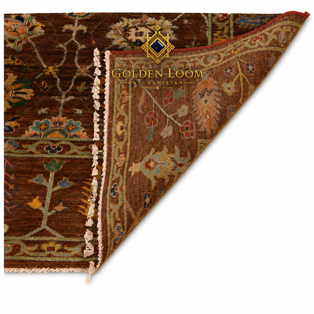 Golden Loom Afghanistan handmade wool rug showing reverse side with ivory fringe, tight knotting, and floral border detail