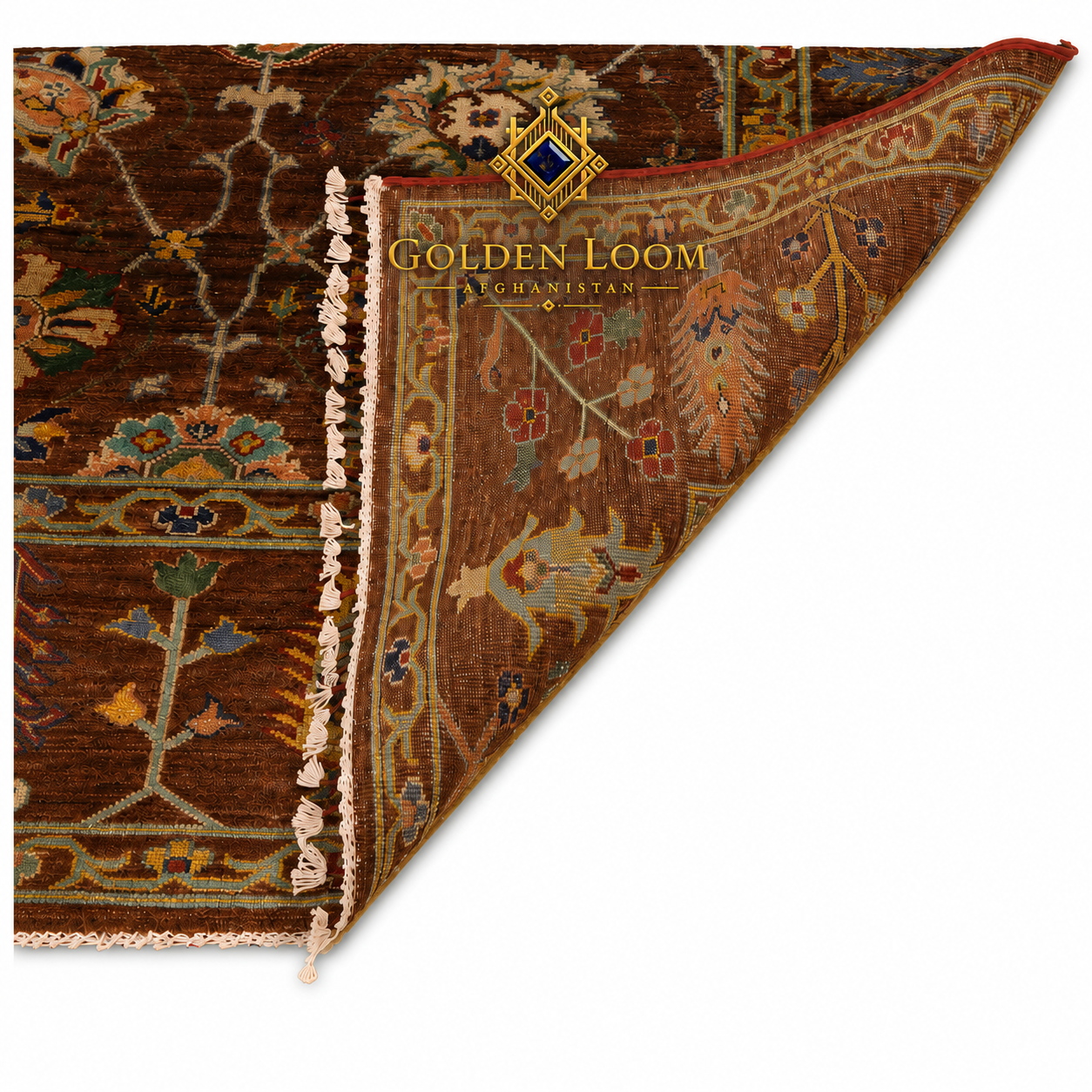 Golden Loom Afghanistan handmade wool rug showing reverse side with ivory fringe, tight knotting, and floral border detail
