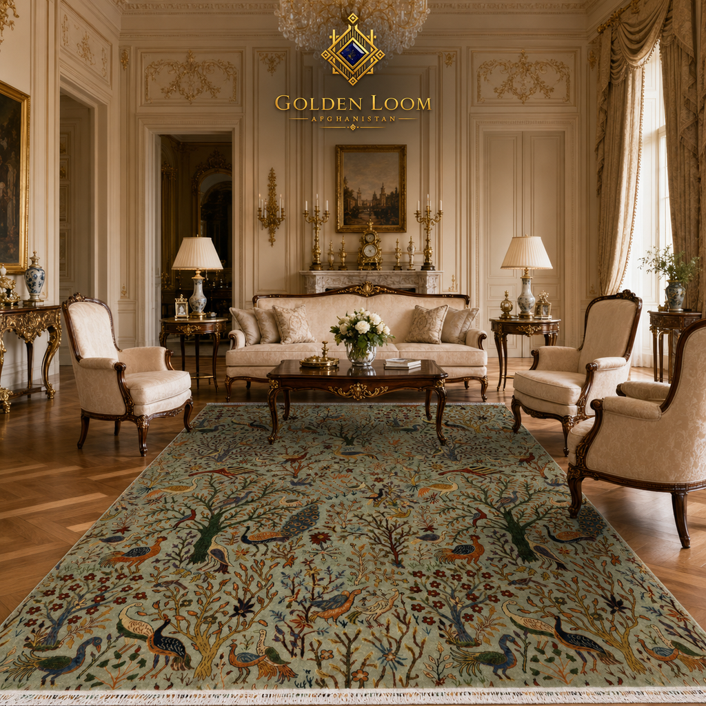 Luxury Afghan hand-knotted tree of life rug with peacocks and birds in a grand French Rococo salon with gilded furniture and crystal chandelier