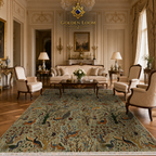 Luxury Afghan hand-knotted tree of life rug with peacocks and birds in a grand French Rococo salon with gilded furniture and crystal chandelier