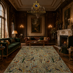 Afghan handmade bird and tree of life area rug in sage green styled in a dark English manor drawing room with leather Chesterfields and fireplace