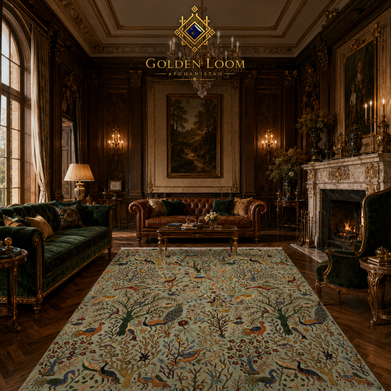Afghan handmade bird and tree of life area rug in sage green styled in a dark English manor drawing room with leather Chesterfields and fireplace