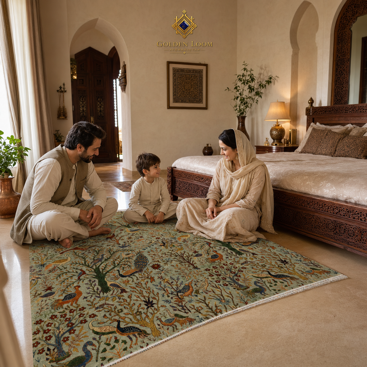 Traditional Afghan bird and tree of life carpet in sage green displayed in an elegant South Asian haveli bedroom with carved wood furniture