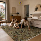 Afghan hand-knotted tree of life rug with birds and peacocks styled in a bright Scandinavian bedroom with a family playing on the floor