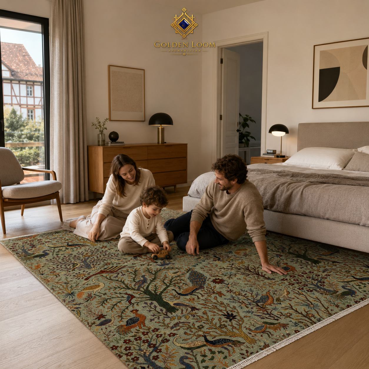 Afghan hand-knotted tree of life rug with birds and peacocks styled in a bright Scandinavian bedroom with a family playing on the floor