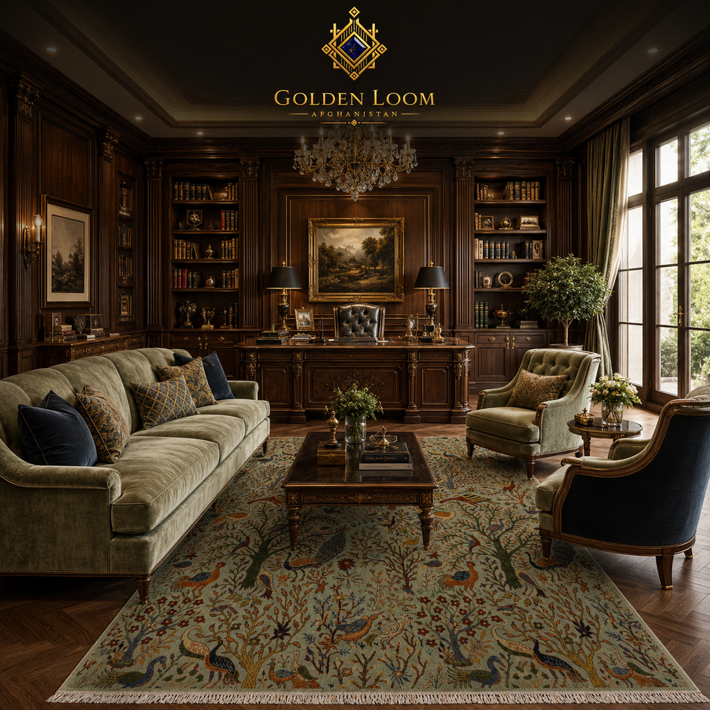 Afghan hand-knotted tree of life rug with peacocks and birds in sage green, styled in a dark wood classic home library with velvet sofa and chandelier