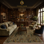 Afghan hand-knotted tree of life rug with peacocks and birds in sage green, styled in a dark wood classic home library with velvet sofa and chandelier
