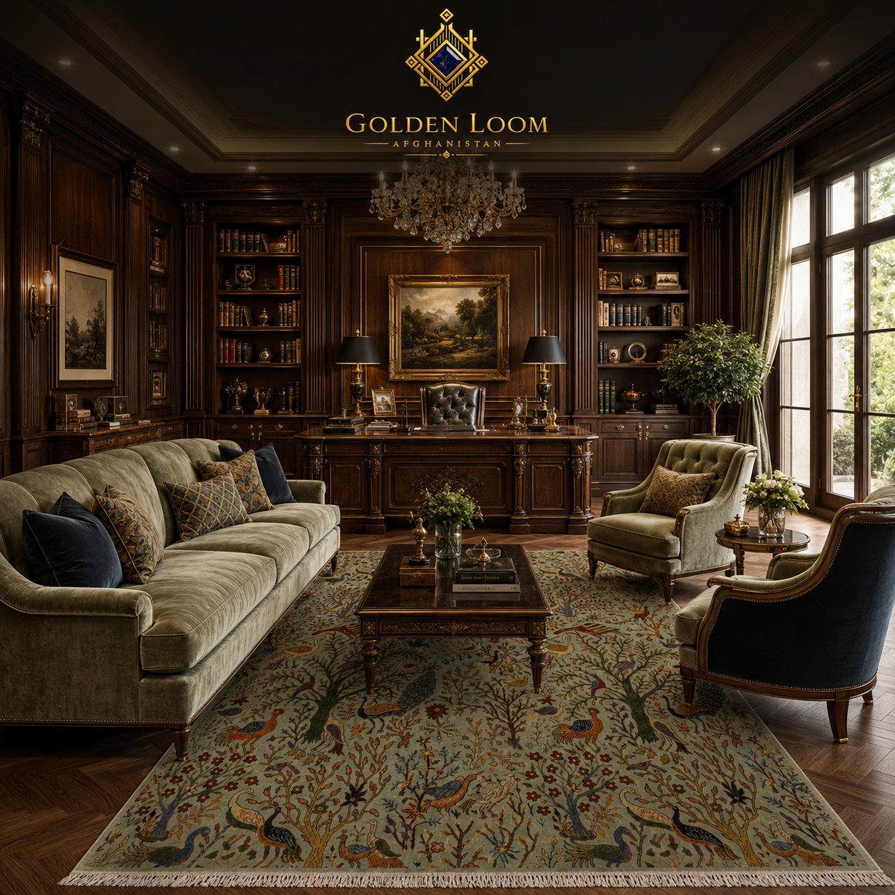 Afghan hand-knotted tree of life rug with peacocks and birds in sage green, styled in a dark wood classic home library with velvet sofa and chandelier