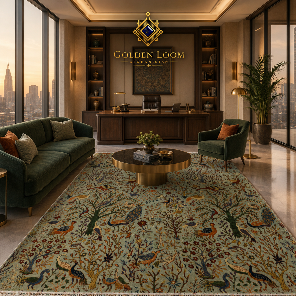 Handmade Afghan bird and tree of life wool rug in sage green displayed in a contemporary luxury penthouse office with floor-to-ceiling windows and city skyline view
