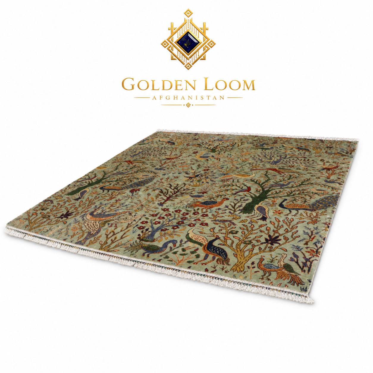An ornate rectangular area rug with a detailed traditional pattern featuring birds, foliage, and floral motifs in muted beige, green, blue, and orange tones. The rug is shown at an angle on a white background with the 'Golden Loom Afghanistan' brand logo centered above it.
