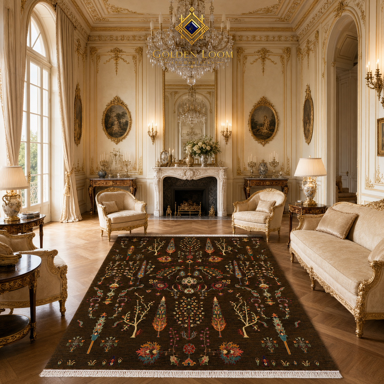 Golden Loom Afghanistan hand-knotted luxury rug in grand Versailles-inspired salon with gold ornamental walls, crystal chandeliers, and Louis XVI furniture